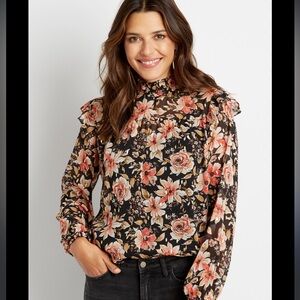 Maurice’s Black Floral Smocked Neck Long Sleeve Blouse Medium
